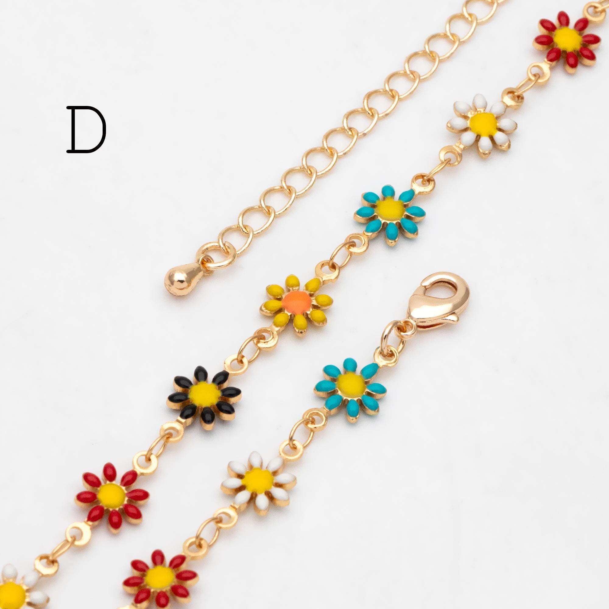 Gold Enamel Flower Chain, White Daisy Chain, Finished Bracelet/ Anklet/ Necklace with Extender Chain, Ready to Wear (#LK-578-1)